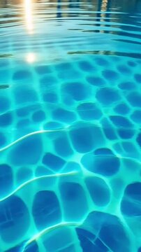 Vertical video looking down onto a beautiful swimming pool surface with small ripples on a bright sunny day
