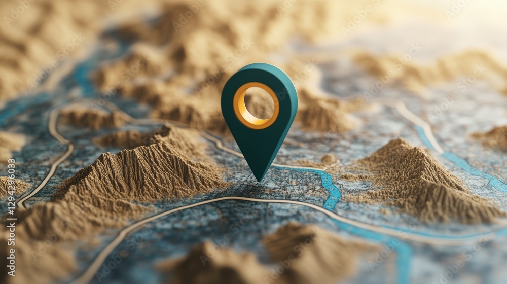 Poster map with pin and 3d-rendered marker indicating a specific location on a physical map