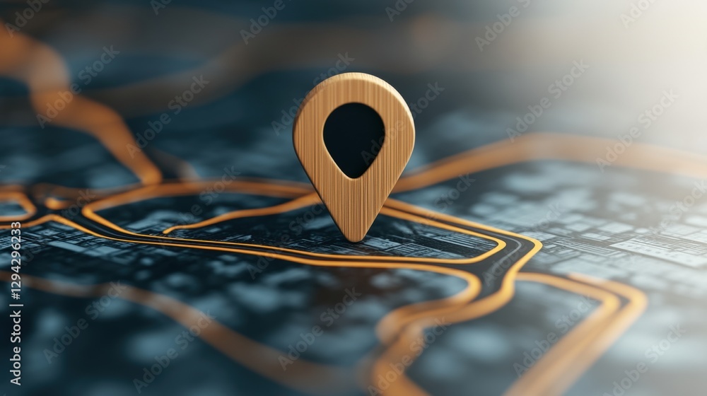 Poster wooden pin on circuit board with 3d map marker on physical map for location identification and mappi