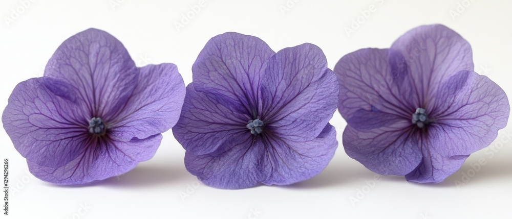 Poster three vibrant purple flowers in a row on a clean white background creating a serene and minimalist c