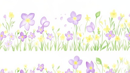 Beautiful Spring Floral Border Illustration with Colorful Wildflowers and Greenery, pastel colors on white background
