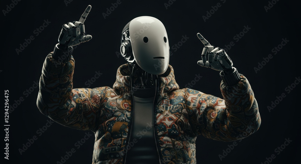 Poster futuristic robot with mask in stylish jacket pointing up in dark background