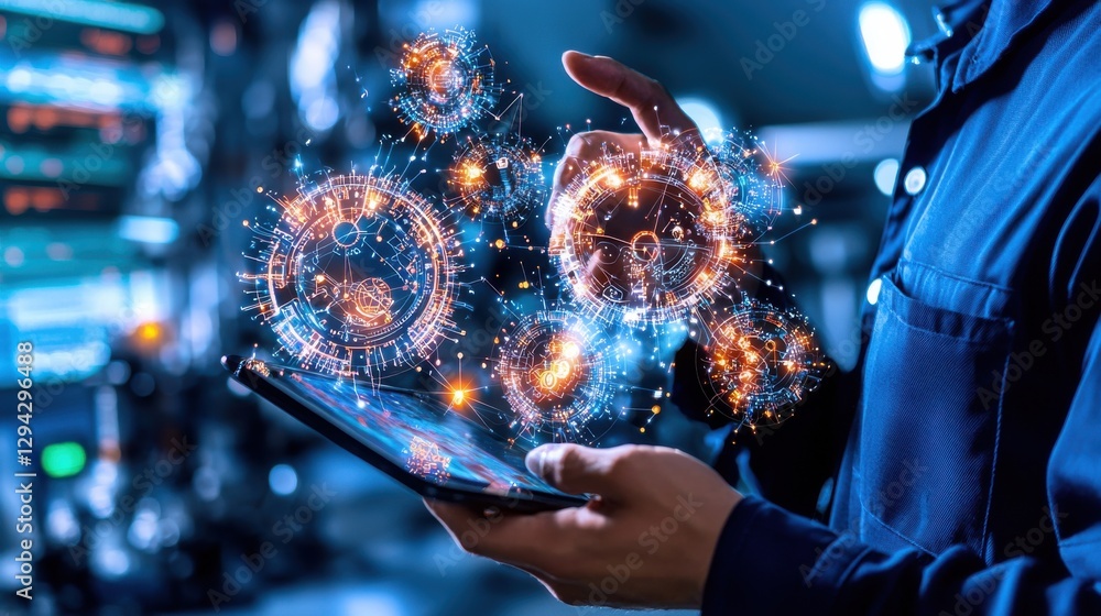 Poster futuristic digital technology and intelligence display with holographic interface data networks and 
