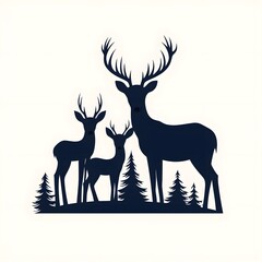 Elegant family of deer silhouettes standing in a misty  forested landscape  rendered in a classic  high contrast woodcut engraving style  This minimalist