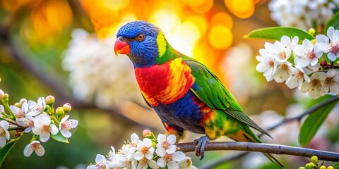 Rainbow Lorikeet in Blooming Tree - Vivid Colors, High-Resolution Stock Photo