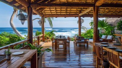 Oceanfront Deck Dining Area Tropical Wooden Structure, Sunny Day, Blue Ocean View