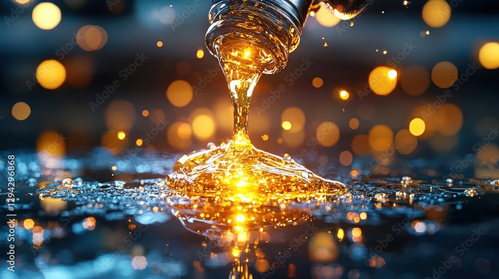 Poster captivating image of a golden liquid or fluid substance splashing and reflecting a dazzling array of