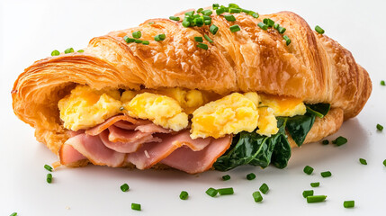 Delicious ham and egg croissant sandwich with spinach and chives eat food meal tasty green brown