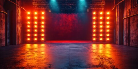 Brightly lit stage in an industrial venue ready for a performance with dramatic lighting effects at night