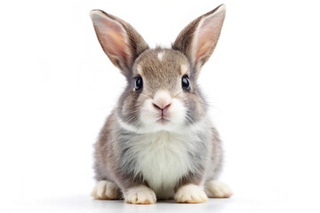 Fototapeta premium Adorable Grey Rabbit: A charming grey and white rabbit sits attentively, its large ears perked up, and big eyes staring directly at the camera.