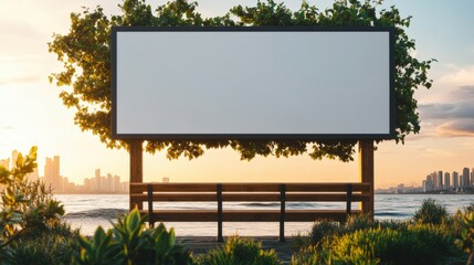 Fototapeta premium Large white billboard on a beach with gentle waves and clear sky in the background