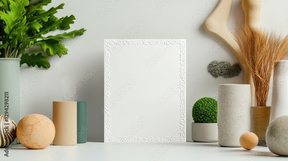 Poster white frame on table with vases and plants alongside blank rectangular ticket template for design us