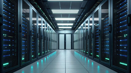 Cloud Computing concept, High tech data center with rows of servers and neon lights