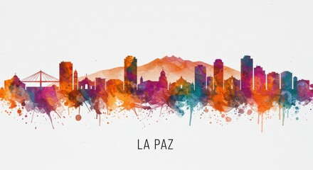 Vibrant watercolor skyline of la paz with dynamic cityscape silhouettes