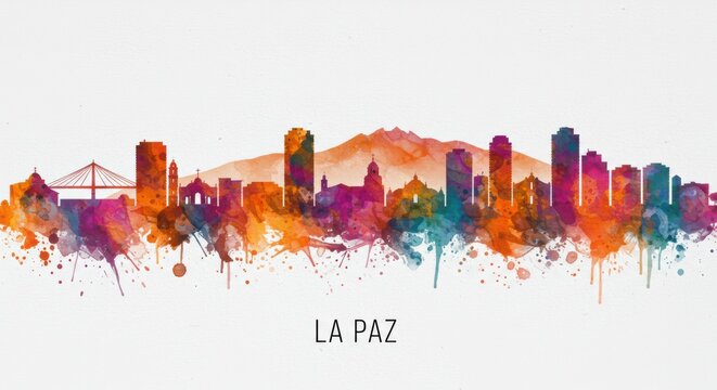 Vibrant watercolor skyline of la paz with dynamic cityscape silhouettes