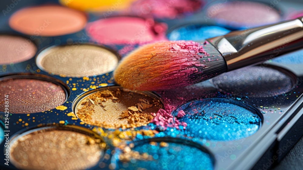 Poster a vibrant makeup palette displays an array of colors. a brush rests atop the shimmering powders, sug