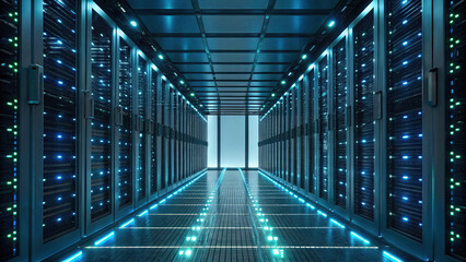 Cloud Computing concept, Futuristic data center with illuminated servers and advanced technology