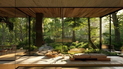 Sunlit Modern House Interior with Lush Forest View
