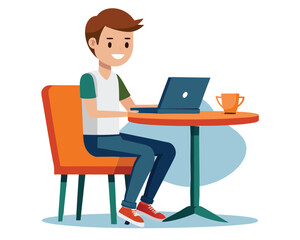 Solitude & Productivity: Young Man Working Alone at Cafe Terrace with Laptop – Vector Illustration