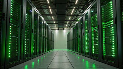 Cloud Computing concept, High tech data center with green LED lights illuminating server racks