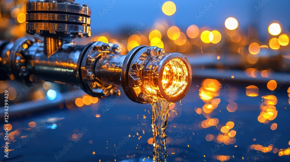 Poster closeup view of a leaking metal pipe at night with water droplets and splashes of water illuminated 