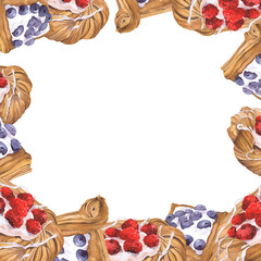 Watercolor illustration of of baking. Hand-drawn frame from isolated clip art on a white background. Bright and appetizing pictures of realistic watercolor buns for menus, signs, packaging, textiles