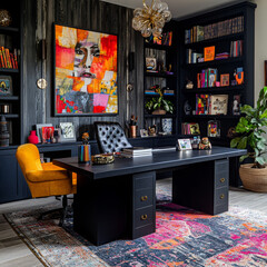 Stylish home office with bold artwork, black furniture, layered textiles, and moody lighting, creating a dynamic artistic ambiance