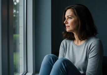 Obraz premium Pensive woman gazing out window in quiet contemplation