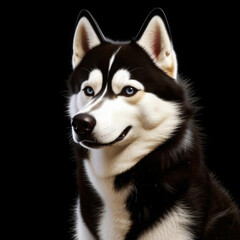 Obraz premium Close-up portrait of a confident Siberian Husky with blue eyes on a black background 