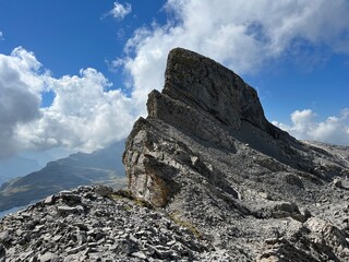 Alpine peaks Chli Hohmad (2492 m) and Gross Hohmad (2307 m) above the Tannensee lake (or Tannen lake) and in the Uri Alps mountain massif, Melchtal - Canton of Obwalden, Switzerland (Schweiz)