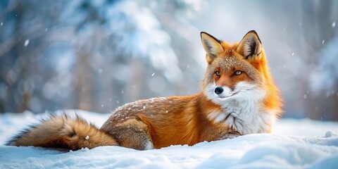 Fototapeta premium Red Fox Winter Snow Relaxing - Majestic Wildlife Photography
