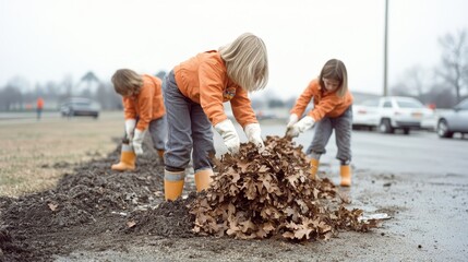 Children Working Together to Rake Leaves in Wet Weather