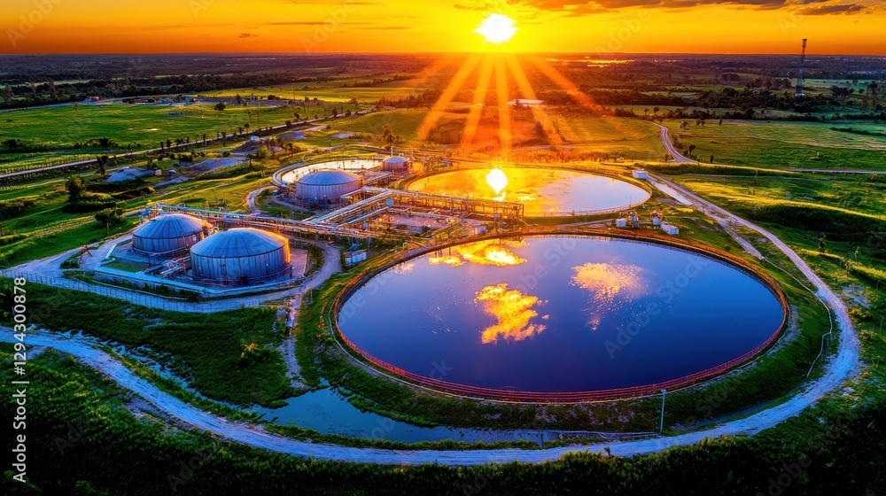 Poster aerial view of futuristic domed architectural structures reflecting in a tranquil lake surrounded by