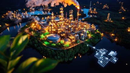 Spectacular aerial nighttime panoramic view of a large illuminated petrochemical plant and oil refinery complex against a dramatic dark sky