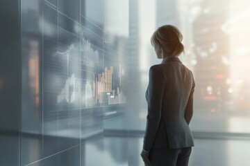 Businesswoman reviewing financial data on a large interactive display, analyzing market trends and insights.