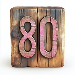 Number Eighty in Faded Pink on Weathered Wooden Block with White Background