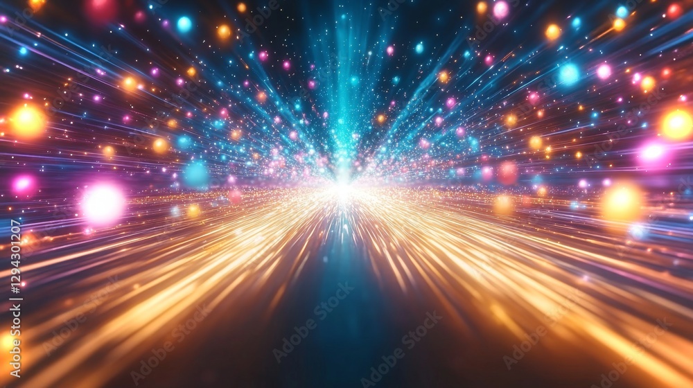 Poster colorful beams of light and energy explode in vibrant patterns in a high-definition environment