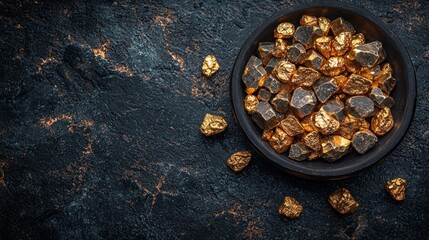Gold Nuggets in Wooden Bowl on Dark Stone Background