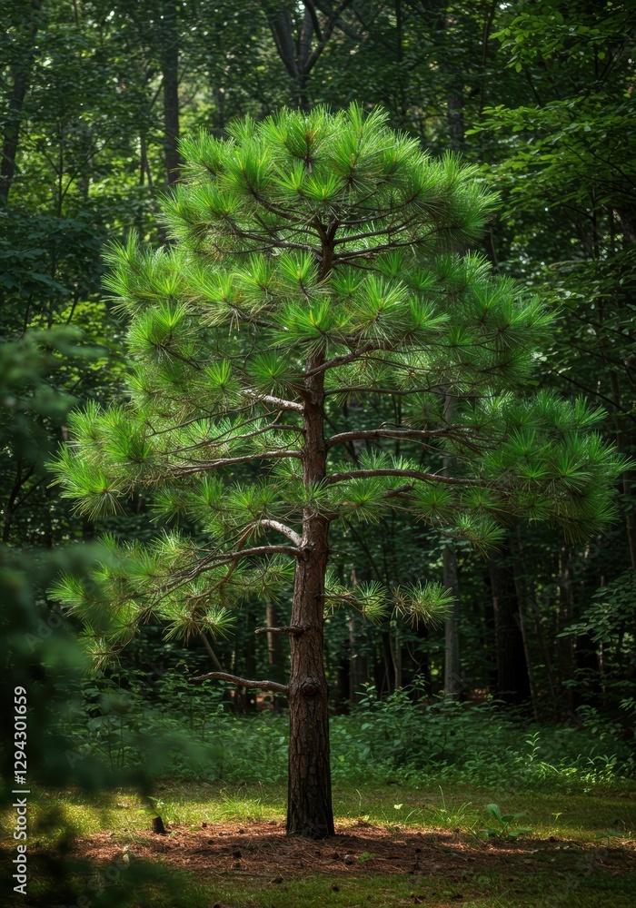 Poster serene pine tree in lush forest setting with sunlight filtering through leaves