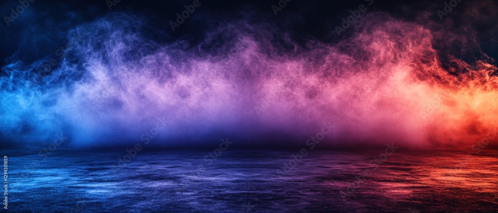 Poster dramatic stage with vibrant blue and red fog creating a mysterious atmosphere for performance or eve