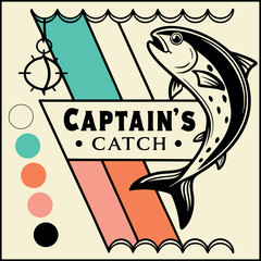 Captain's Catch- T-Shirt Design with Fish Illustration and Retro Stripes