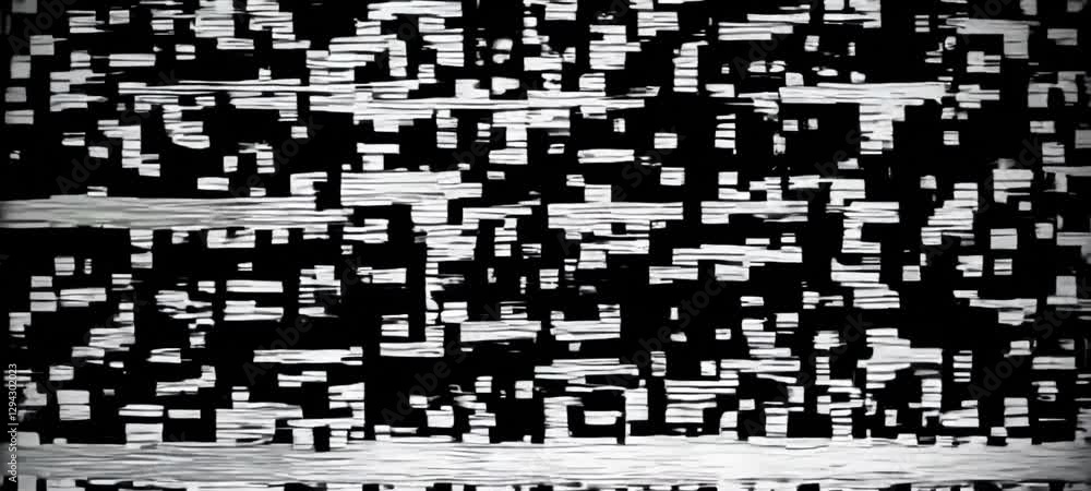 Poster dynamic black and white glitch motion: digital noise transition with abstract patterns