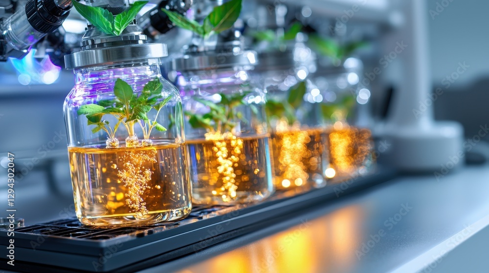 Aufkleber closeup view of a scientific experiment in a laboratory setting with various glassware containers ho