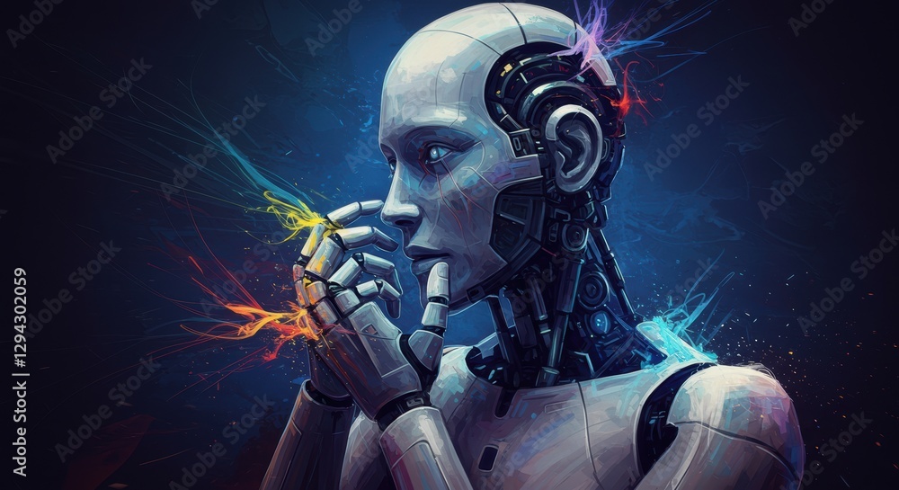 Poster futuristic android in contemplative pose with vibrant energy sparks in dark background