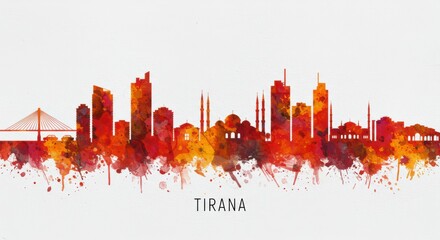 Obraz premium Vibrant tirana skyline silhouette watercolor art with red and orange hues