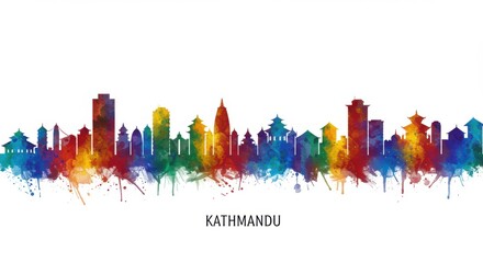 Obraz premium Colorful watercolor skyline of kathmandu with splash effects featuring iconic landmarks