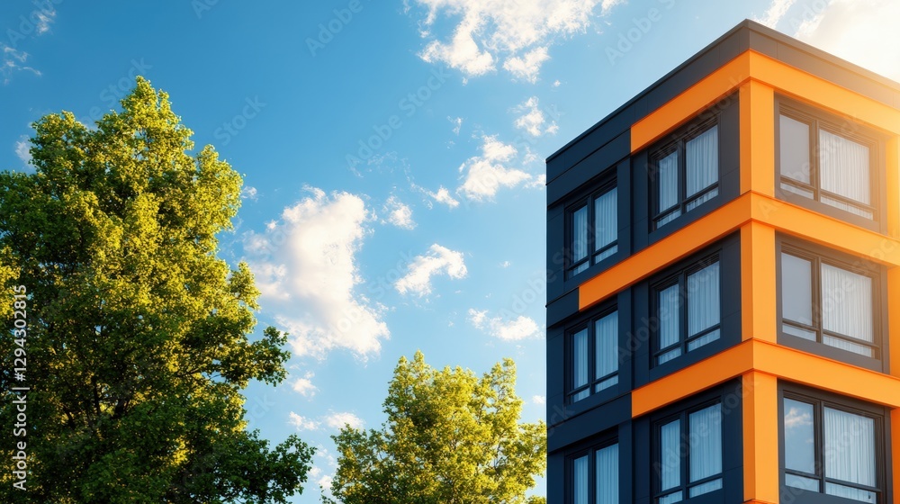 Poster tall building with a clock on top against a blue sky background capturing architectural details and 