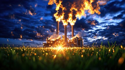 Obraz premium Dramatic fiery smoke stacks belching thick clouds of black smoke and pollution against a stormy sunset sky over a lush green grassy field landscape