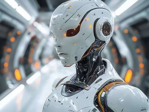 A futuristic white robot displays a detailed futuristic design