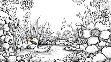 Intricate Pen and Ink Drawing of a Duck Swimming Gracefully in a Tranquil Pond